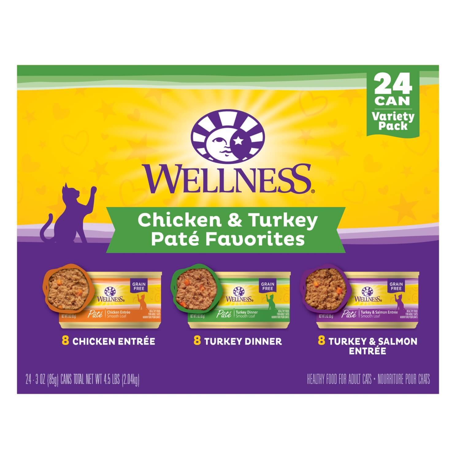 Wellness Chicken & Turkey Pate Favorites Wet Cat Food Variety Pack, 24 3Oz Cans