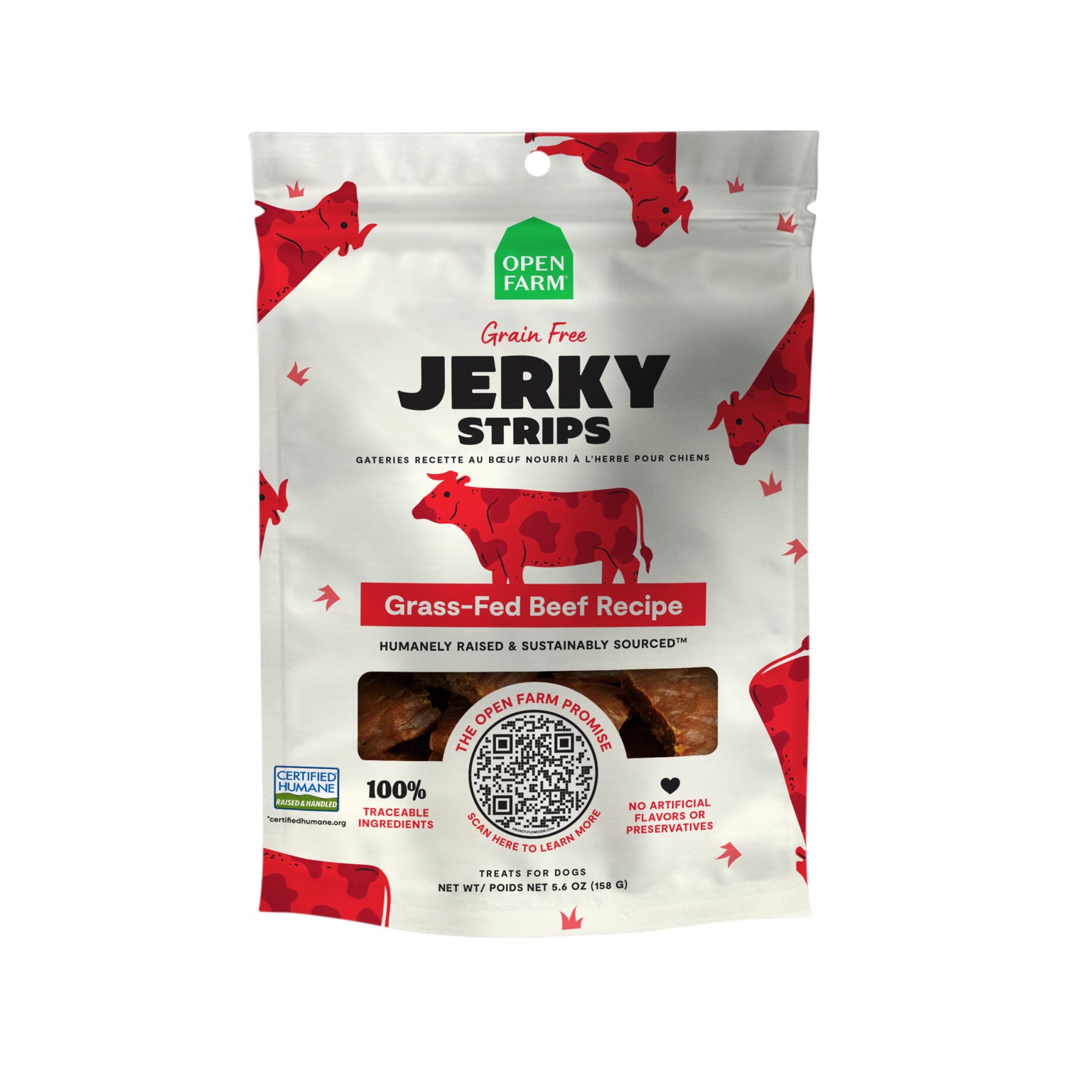 Open Farm Jerky Strips Grain-Free Dog Treats, Grass-Fed Beef, 5.6-Oz Bag