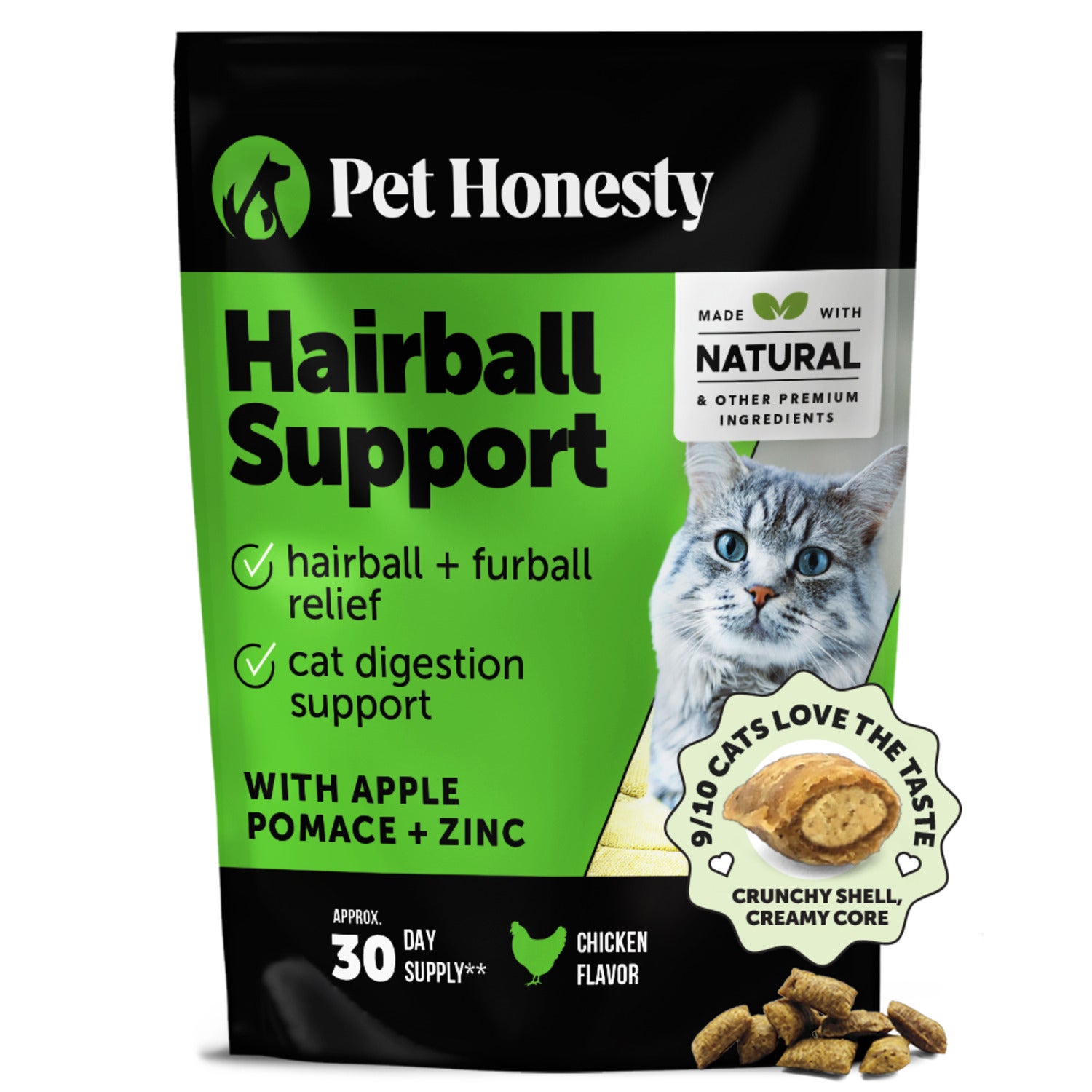 Pet Honesty Dual Texture Hairball Support Chicken Flavored Chews Digestive Support Cat Supplement, 3.7-Oz Pouch