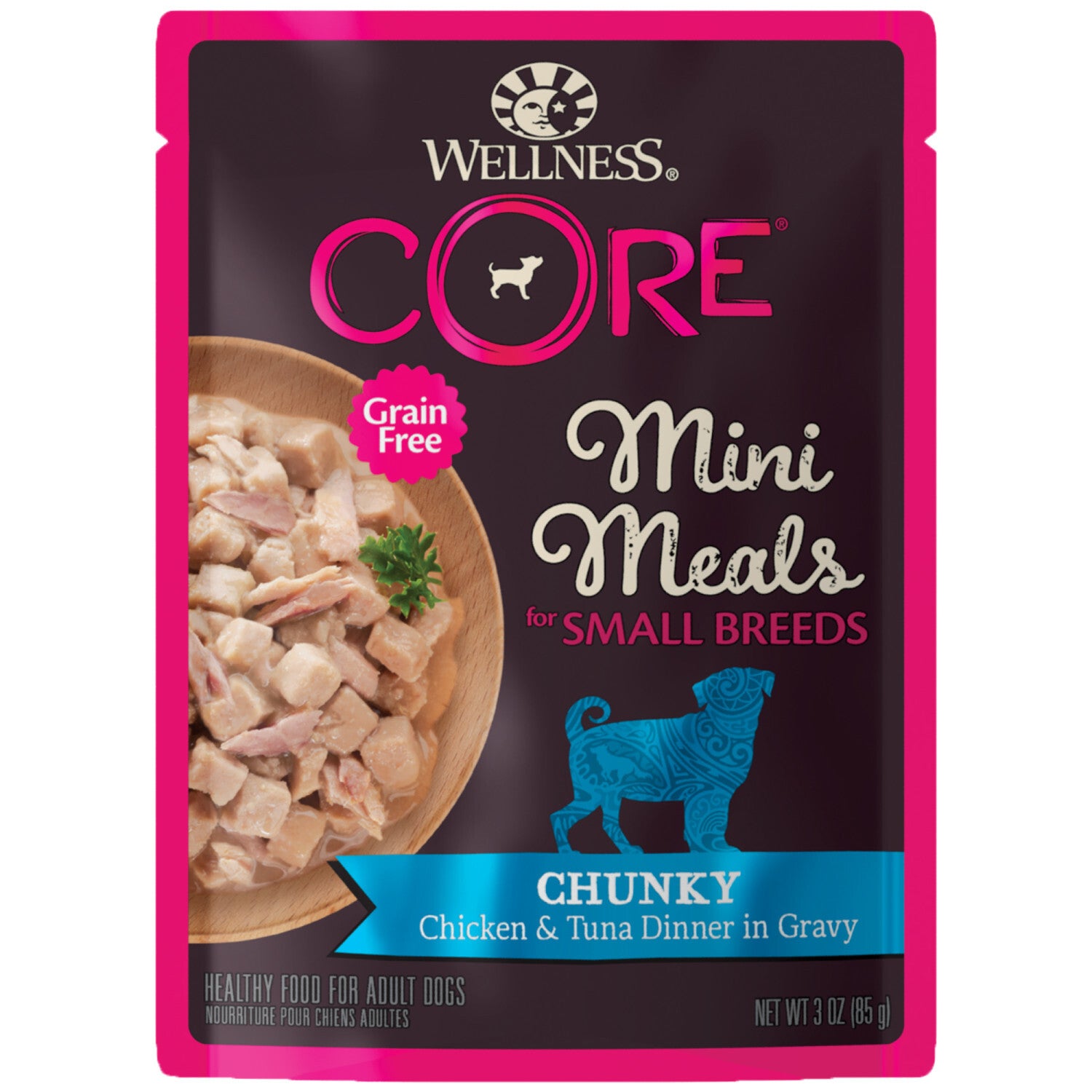 Wellness Core Natural Grain-Free Small Breed Mini Meals Wet Dog Food, Chunky Chicken & Tuna Dinner In Gravy, 3-Ounce Pouch