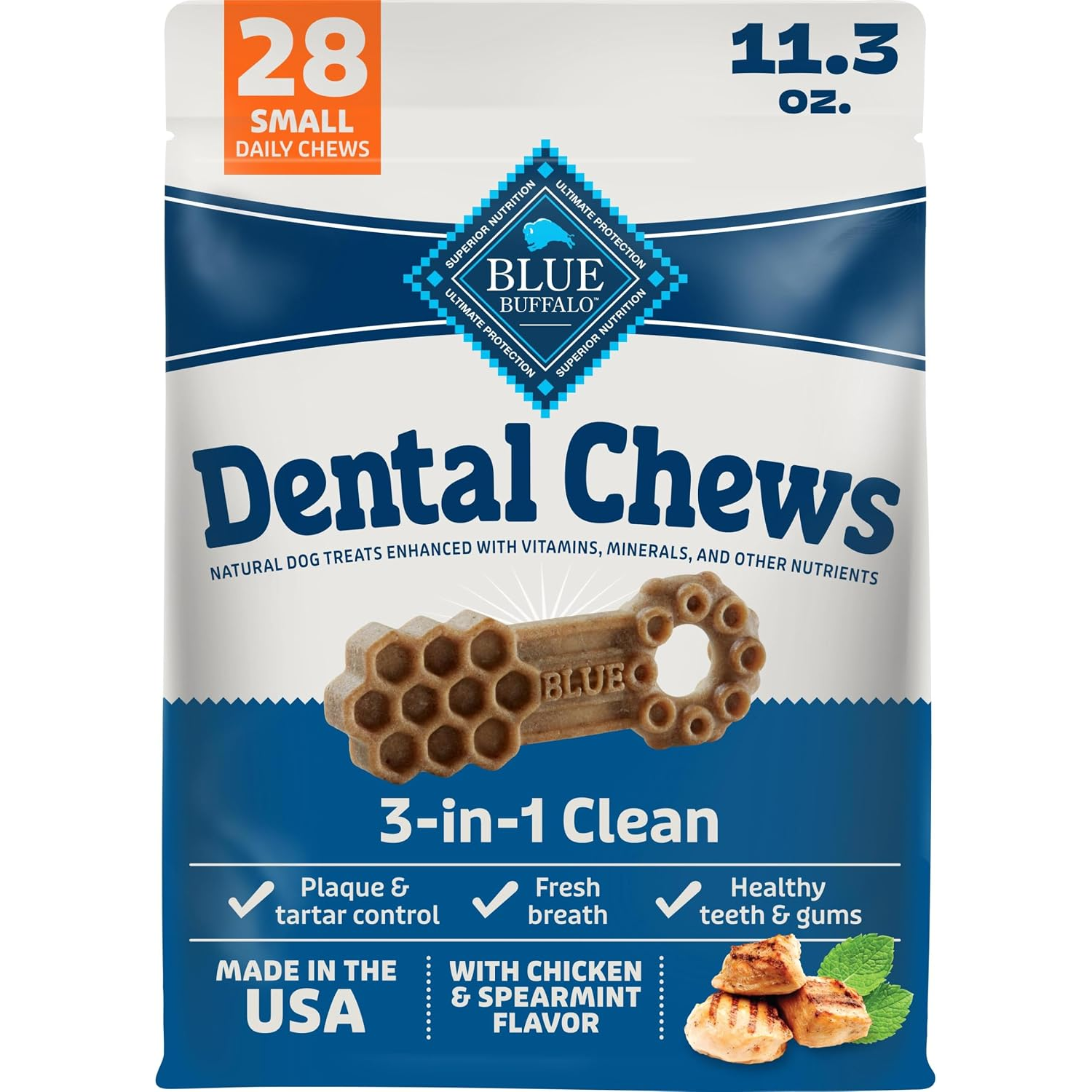 Blue Buffalo 3-In-1 Small Sized Dog Dental Chews, Chicken & Spearmint Flavor, 28-Ct