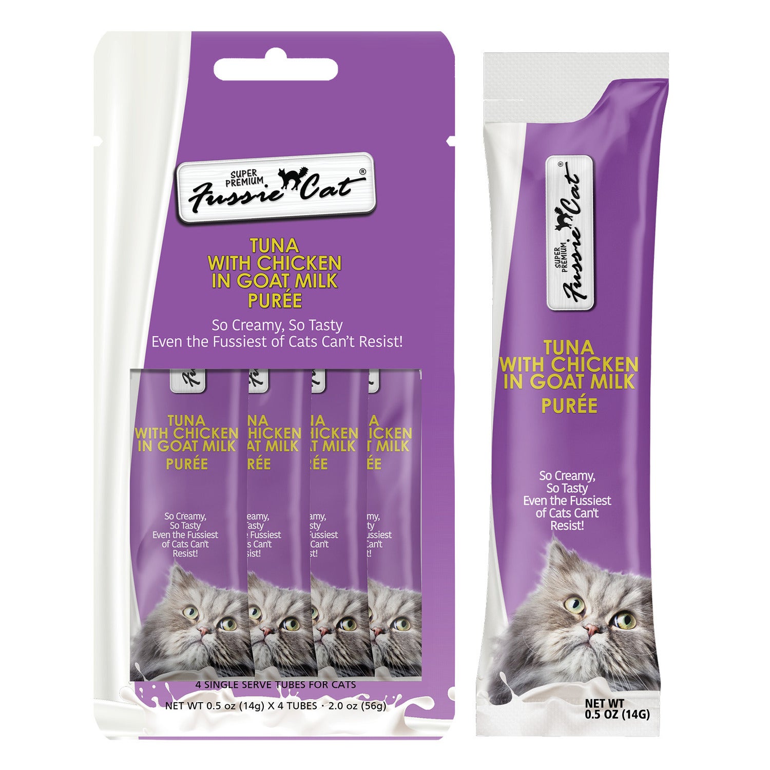Fussie Cat Premium Tuna With Chicken In Goat Milk Puree Lickable Cat Treat, 4-2Oz Tubes