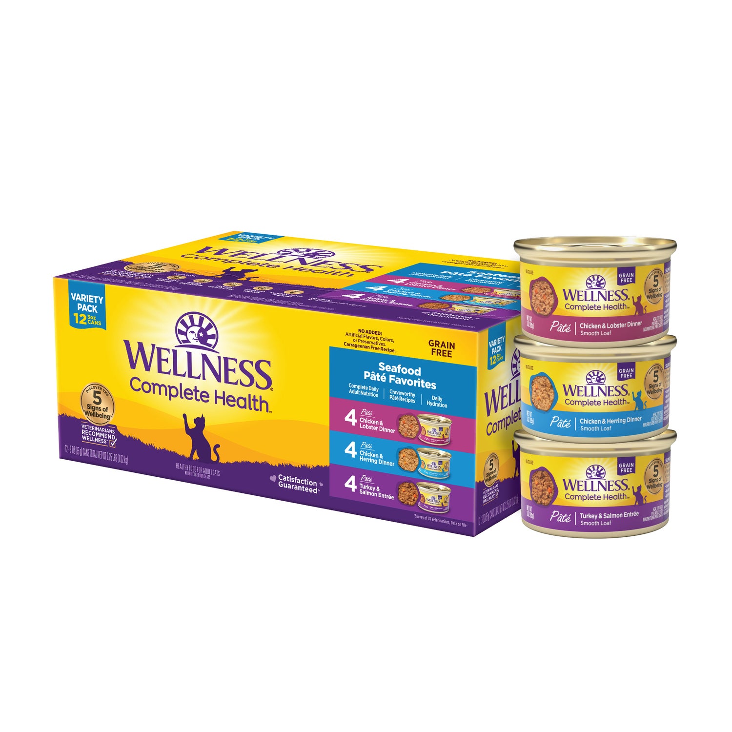 Wellness Complete Health Pate Adult Wet Cat Food, Natural, Protein-Rich, Grain-Free, 3-Ounce , 12-Pack, Seafood Variety Pack