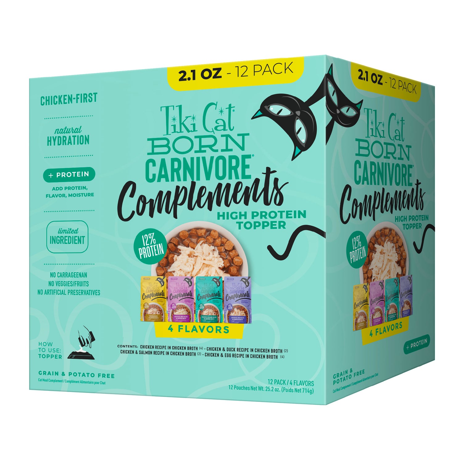 Tiki Cat Born Carnivore Complements High Protein Wet Cat Food Topper, Variety Pack 2.1-Oz Pouch (12 Count)