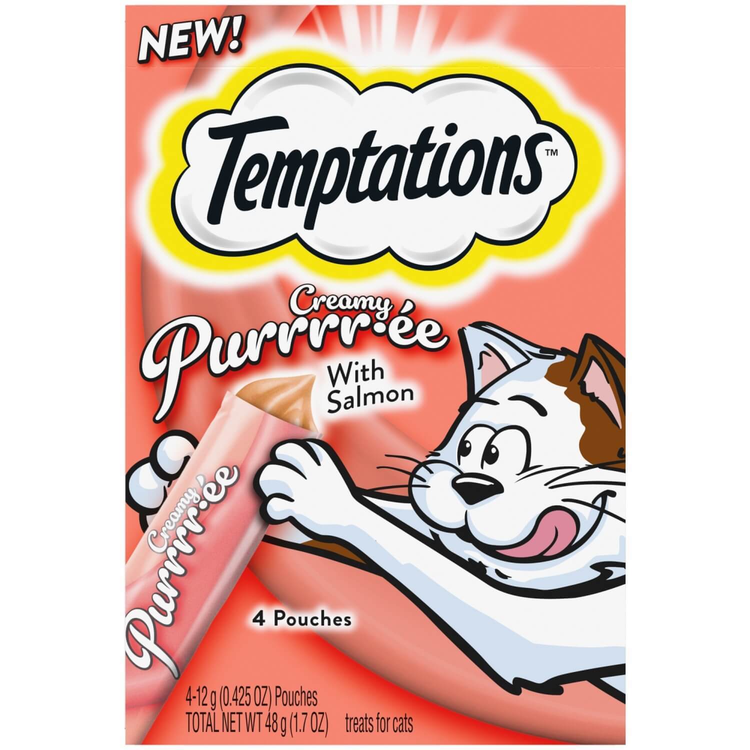 Temptations Creamy Puree With Salmon Lickable, Squeezable Cat Treats, 4-Pack Of 1.7 Oz Pouches