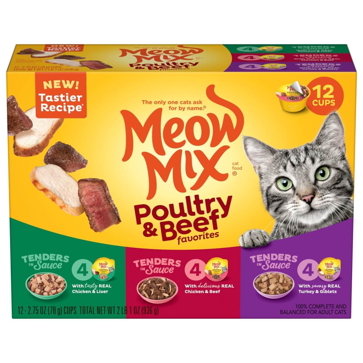 Meow Mix Tenders In Sauce Poultry And Beef Favorites Wet Cat Food Variety Pack, 12-2.75Oz Cups