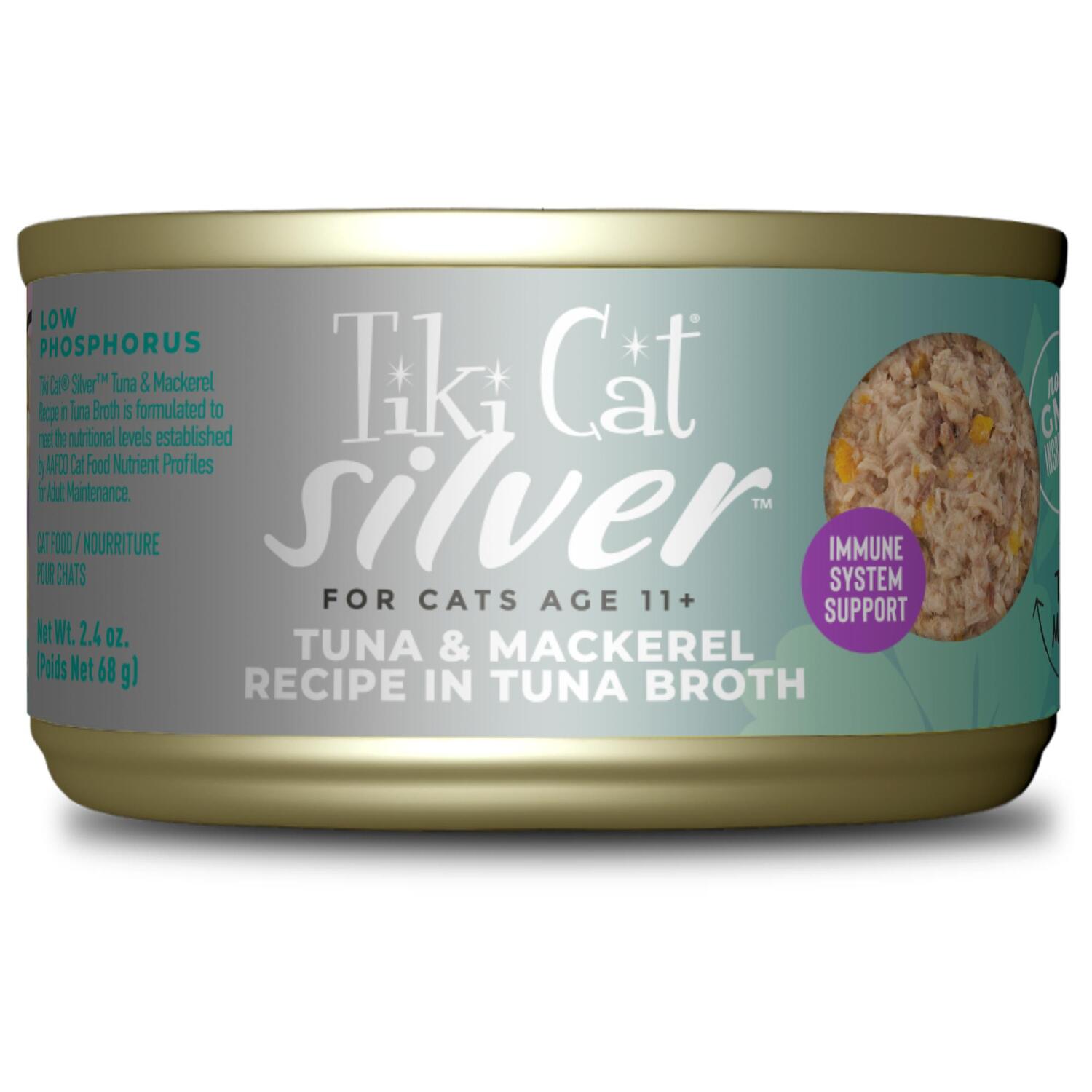 Tiki Cat Silver Wet Cat Food For Seniors, Tuna & Mackerel Whole Foods, 2.4-Oz. Can