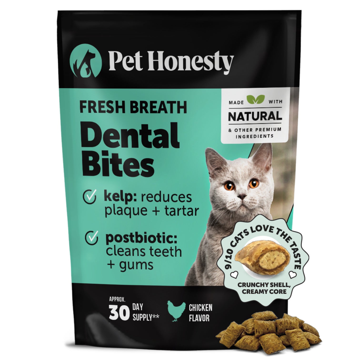Pet Honesty Fresh Breath Chicken Flavor Dental Bites Crunchy Cat Supplements, 3.7-Oz Pouch