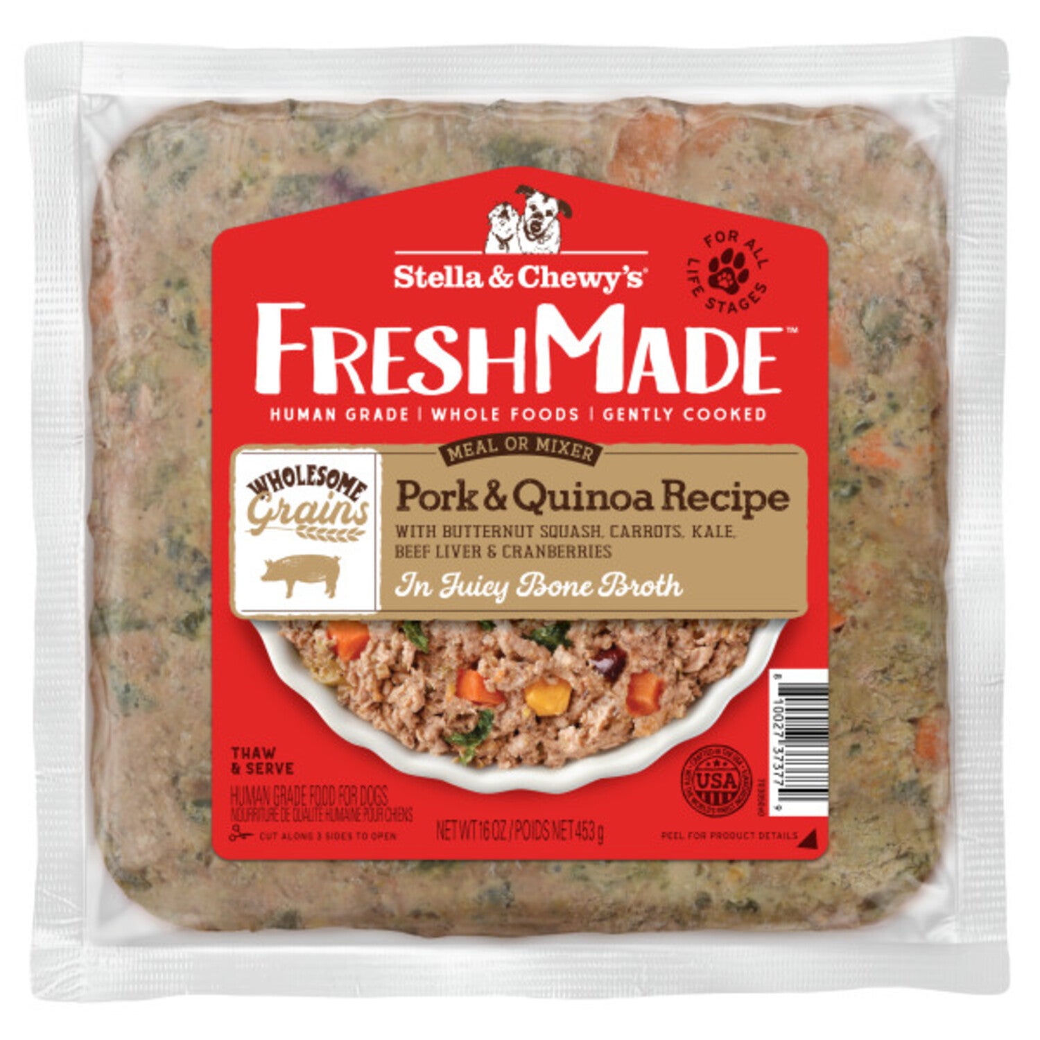 Stella & Chewy's Fresh Made Wholesome Grains Pork & Quinoa Recipe Gently Cooked Dog Food, 16-Oz