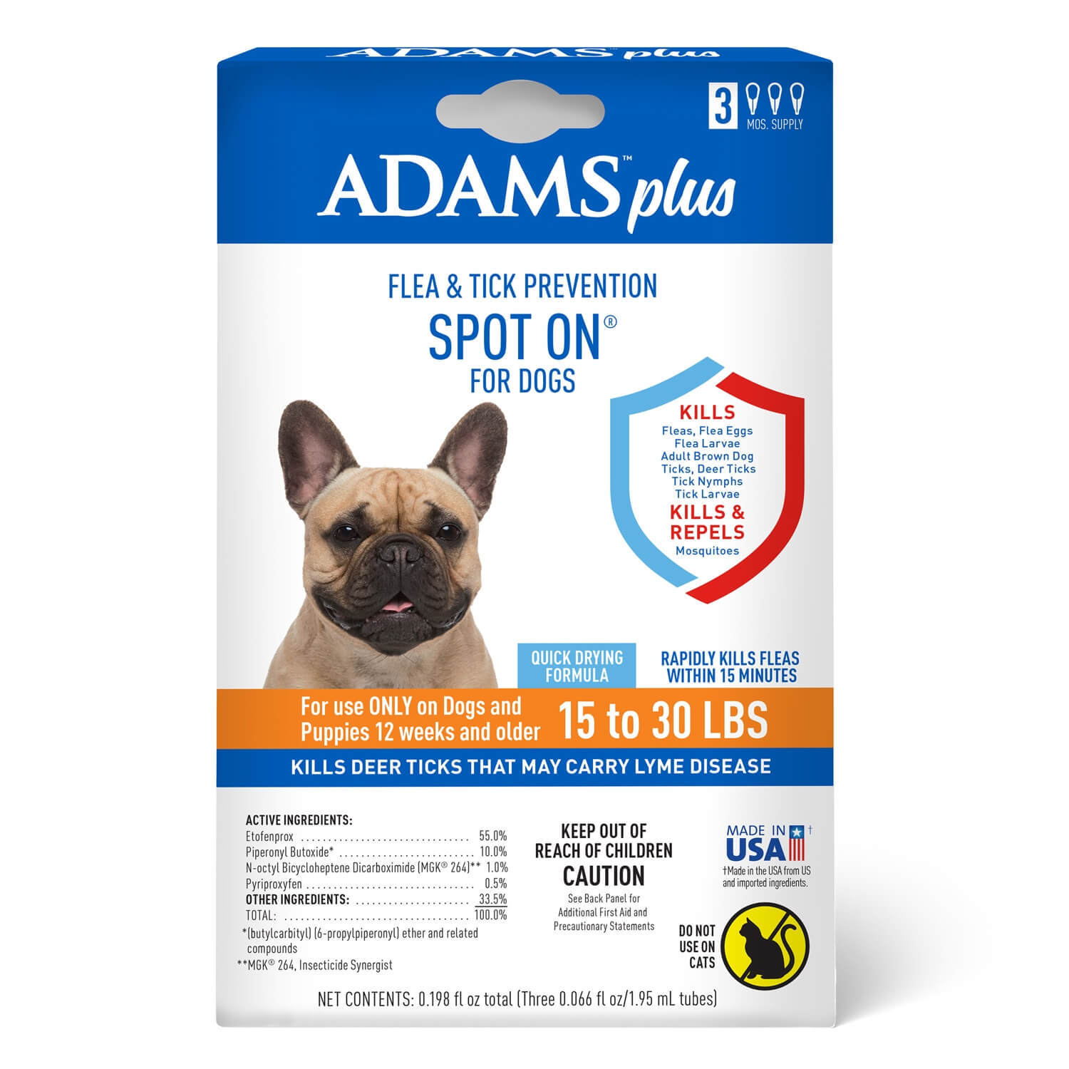 Adams Plus Flea & Tick Prevention Spot On For Dogs, Medium Dogs 15-30 Lbs