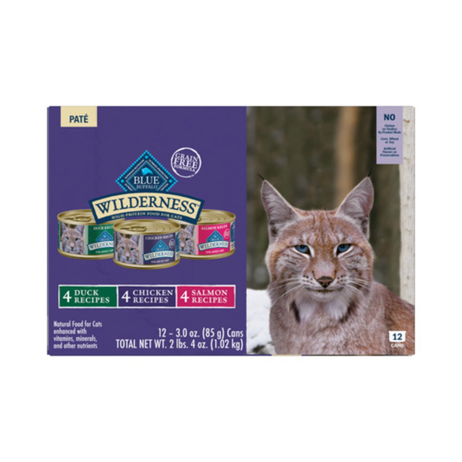Blue Buffalo Wilderness Wet Cat Food, Chicken, Salmon & Duck Pate Variety Pack, 3-Oz Pouch - Pack Of 12