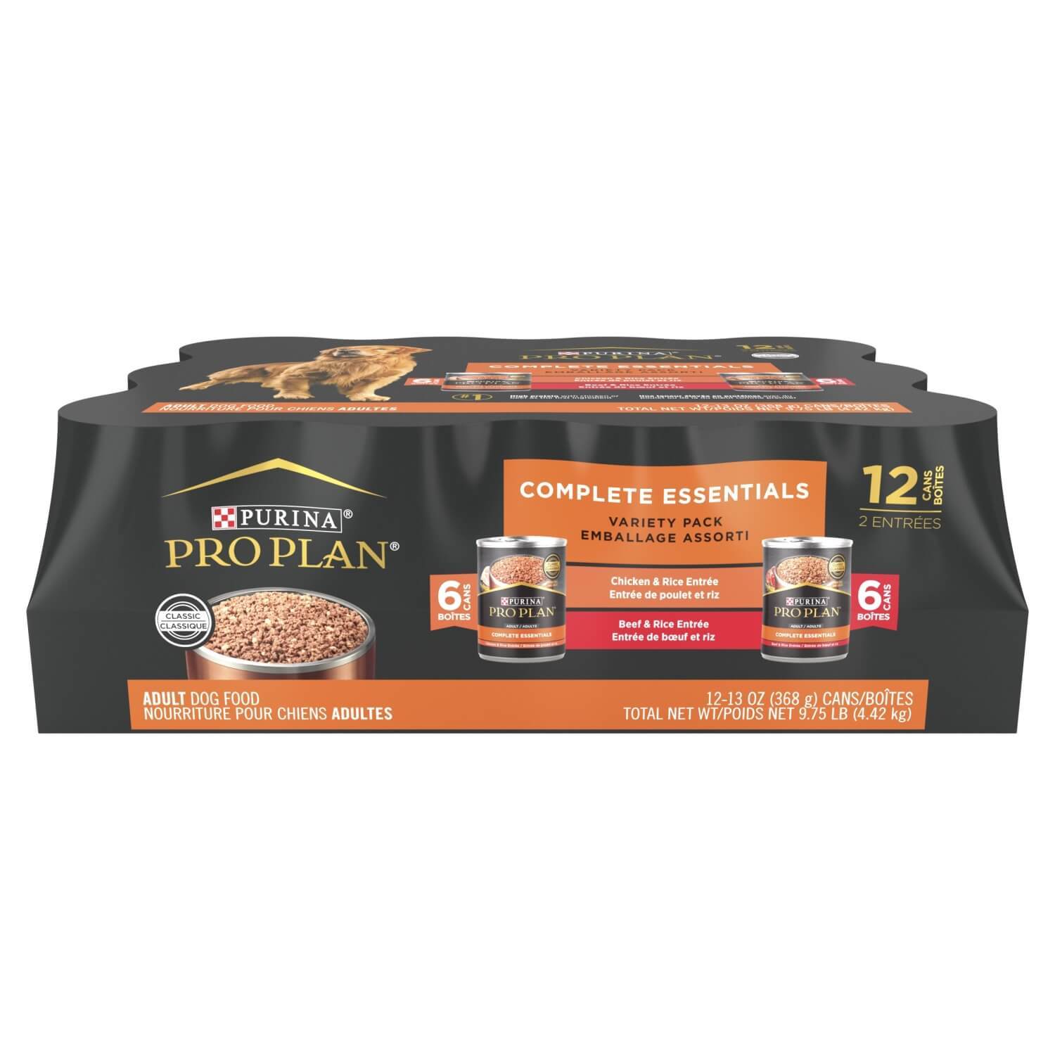 Purina Pro Plan Complete Essentials High Protein Chicken & Beef Pate Entrees Wet Dog Food, Variety Pack; 12 13Oz Cans