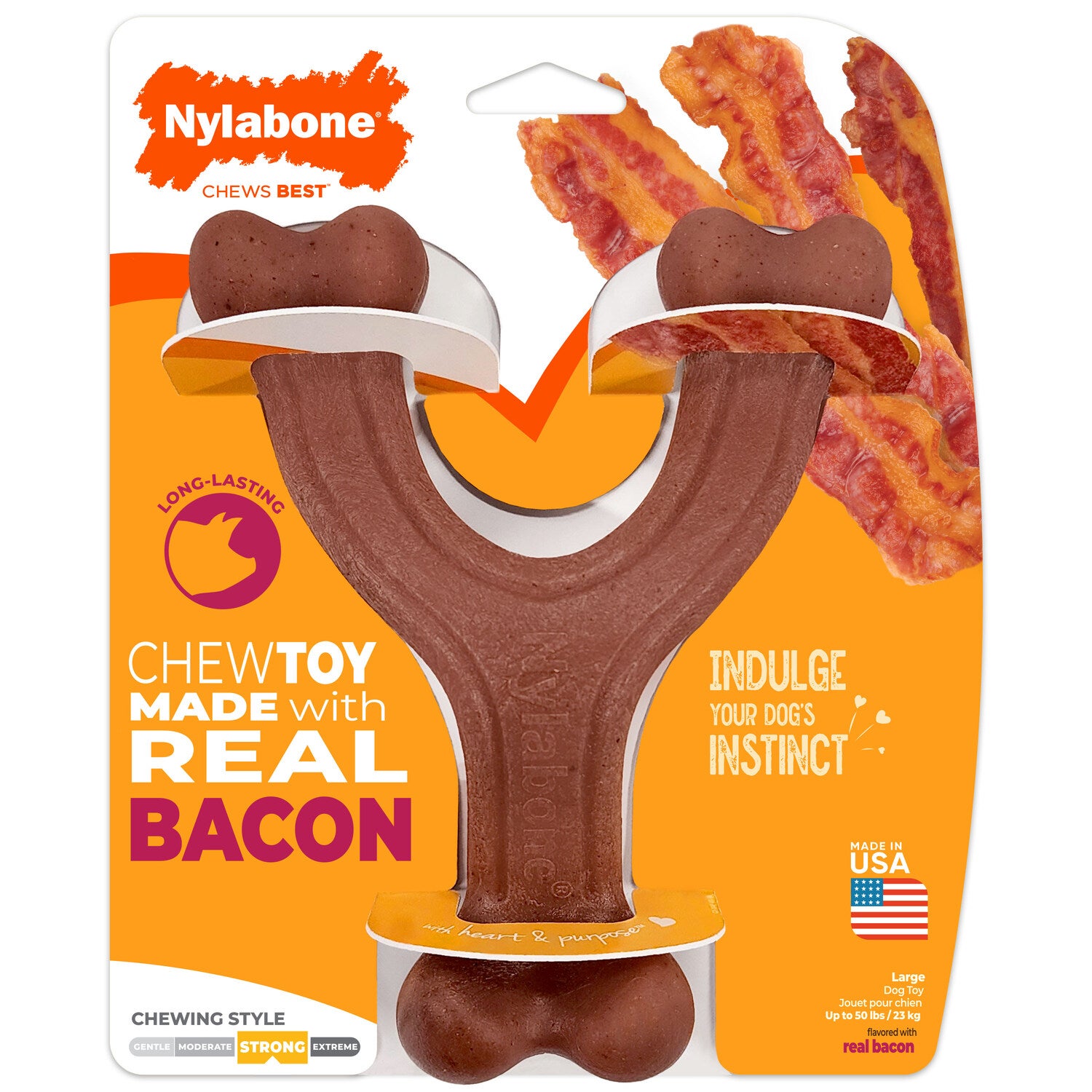 Nylabone Strong Chew Wishbone Bacon Flavored Dog Chew Toy, Large