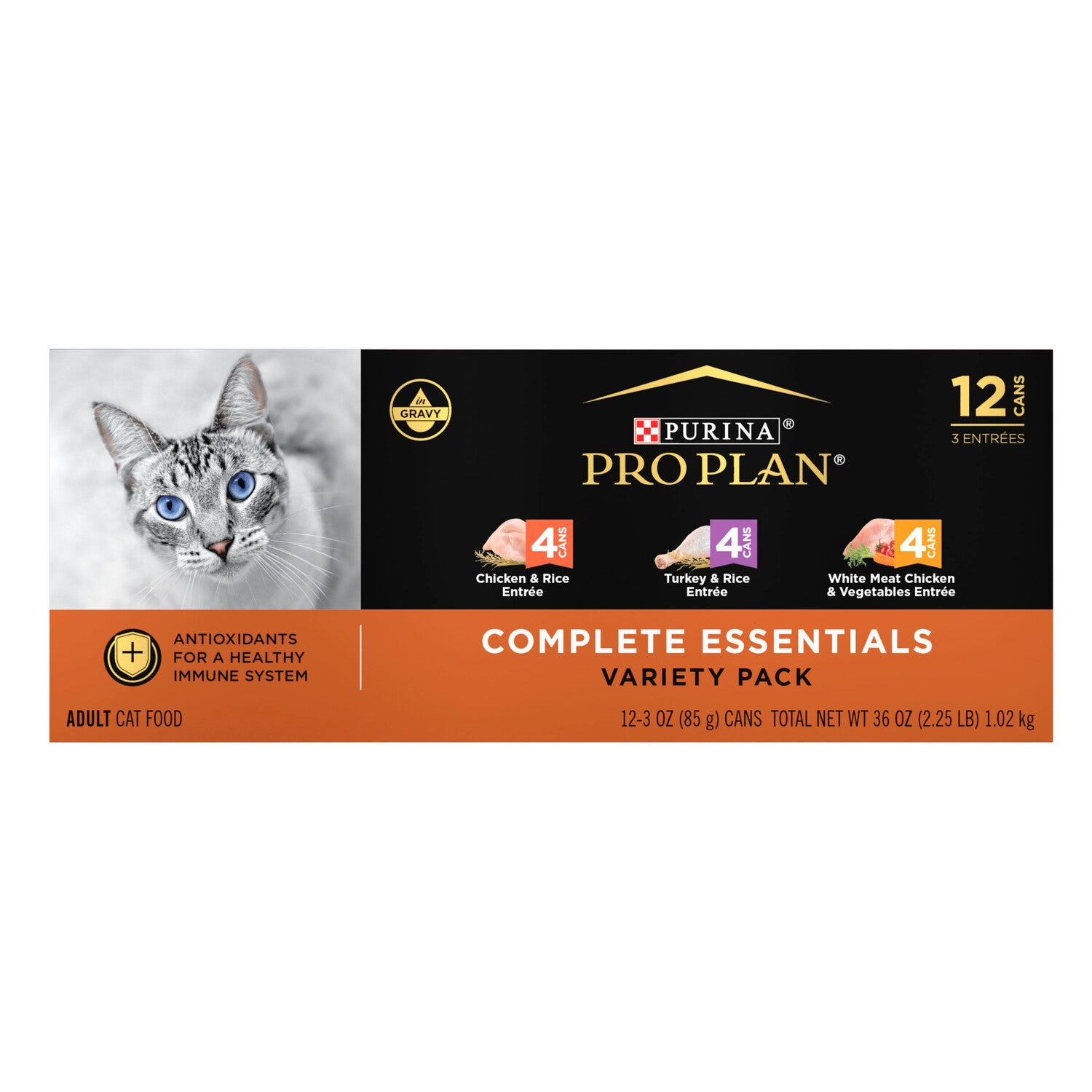 Purina Pro Plan Gravy, High Protein Wet Cat Food Variety Pack, Complete Essentials Chicken And Turkey Favorites - (12) 3 Oz Cans