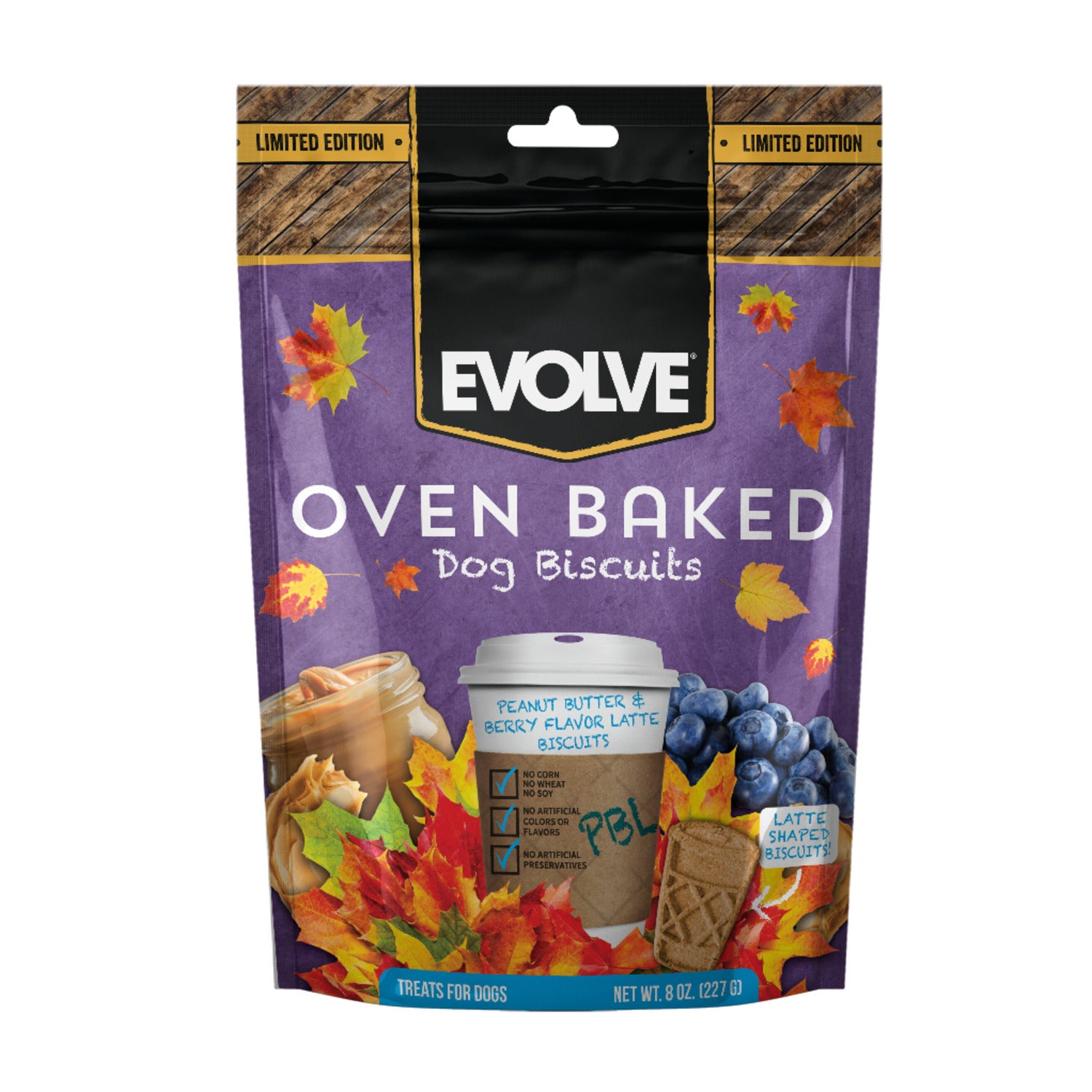 Evolve Peanut Butter & Berry Latte Flavor Oven Baked Biscuit Dog Treats, 8-Oz