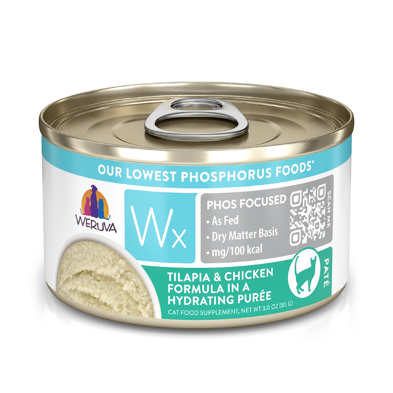 Weruva Wx Phos Focused Tilapia & Chicken Formula In A Hydrating Purée Wet Cat Food, 3-Oz Can Pack Of 12