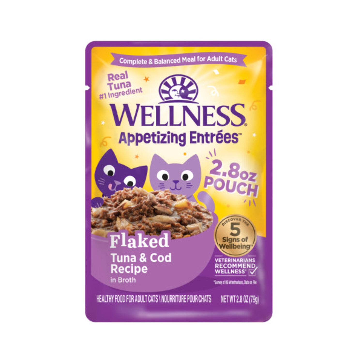 Wellness Appetizing Entrées Flaked Adult Wet Cat Food, Natural, Protein-Rich, Grain-Free, 2.8-Ounce Pouch, Tuna & Cod Recipe