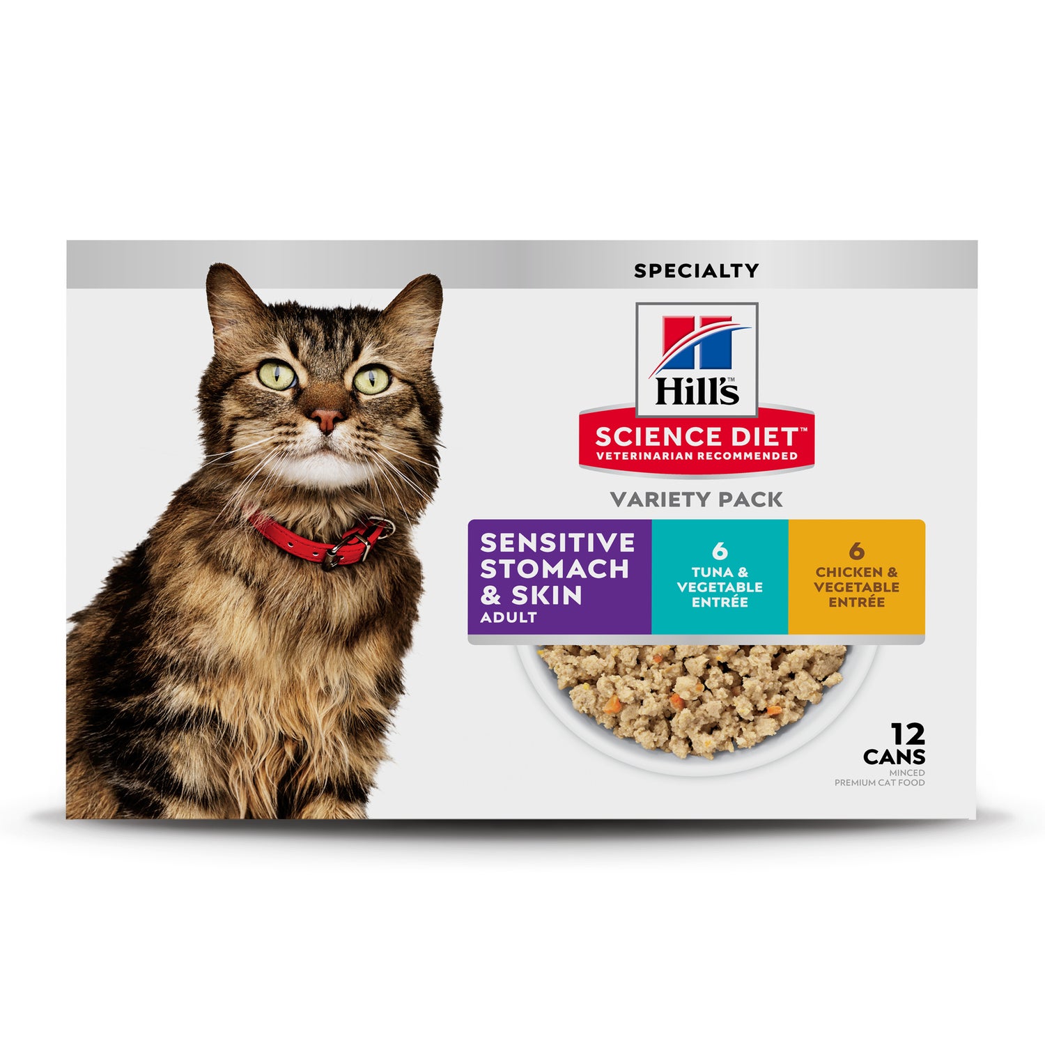 Hill's Science Diet Adult Sensitive Stomach & Skin Canned Wet Cat Food Variety Pack, Tuna & Vegetable And Chicken & Vegetable, 2.9 Oz, 12 Pack