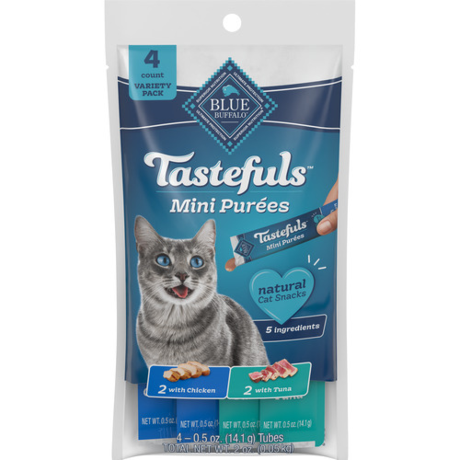 Blue Buffalo Tastefuls Mini Purées Cat Treats, Chicken & Tuna Variety Pack, 0.5-Oz Tubes, 4-Pack