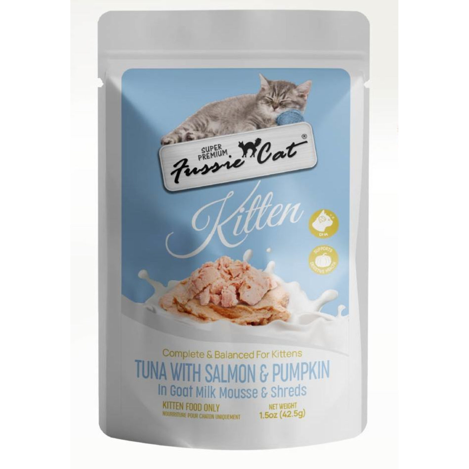 Fussie Cat Super Premium Tuna With Salmon & Pumpkin In Goat Milk Mouse & Shreds Wet Cat Food For Kittens, 1.5-Oz - 12 Pack