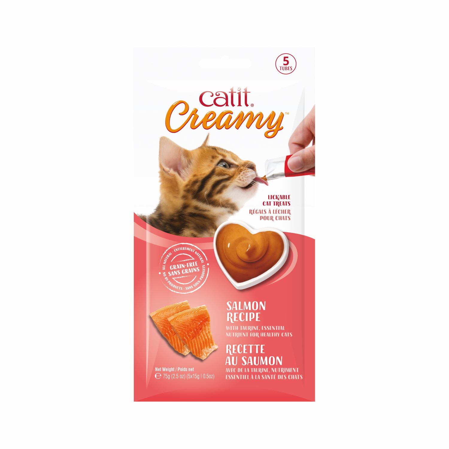 Catit Creamy Grain-Free Lickable Cat Treats, Salmon Recipe, 5-0.5Oz Tubes