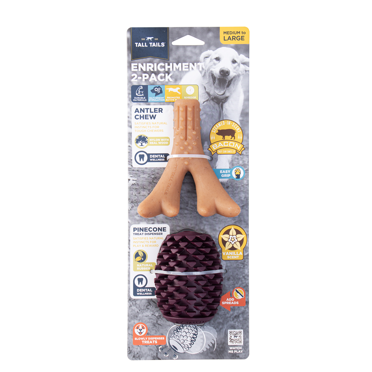 Tall Tails Enrichment Antler Chew & Pinecone Treat Dispenser Dog Chew Toy, 2-Pack Medium