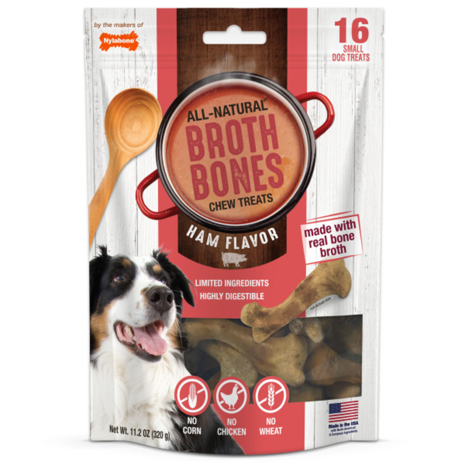Nylabone Broth Bones Ham Flavored Chews Small Dog Treats, 16-Count Bag