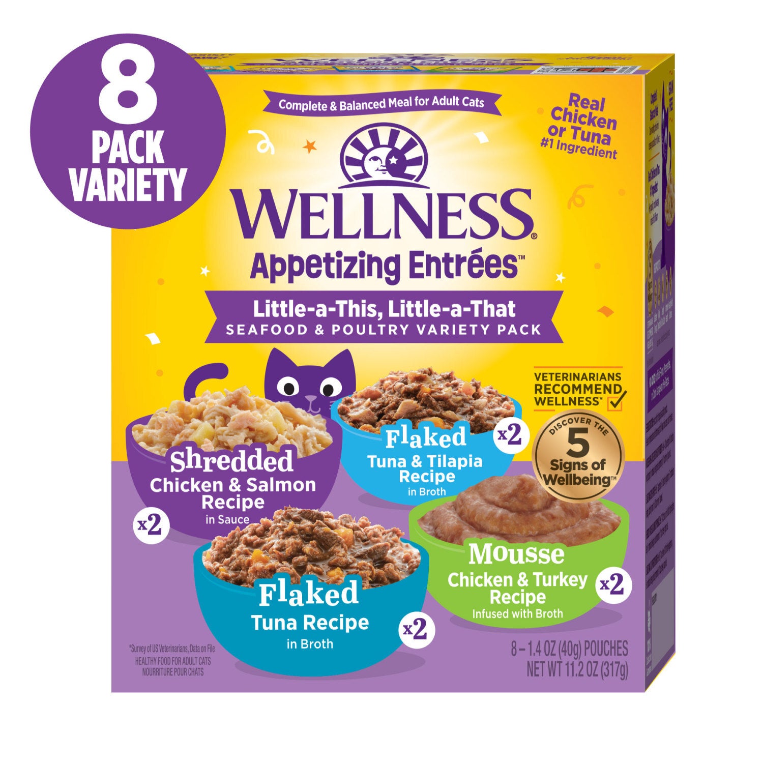 Wellness Appetizing Entrees Flaked Shredded And Mousse Adult Wet Cat Food, Natural, Protein-Rich, Grain-Free Seafood & Poultry Variety Pack, 1.4-Oz Pouch, 8-Pack