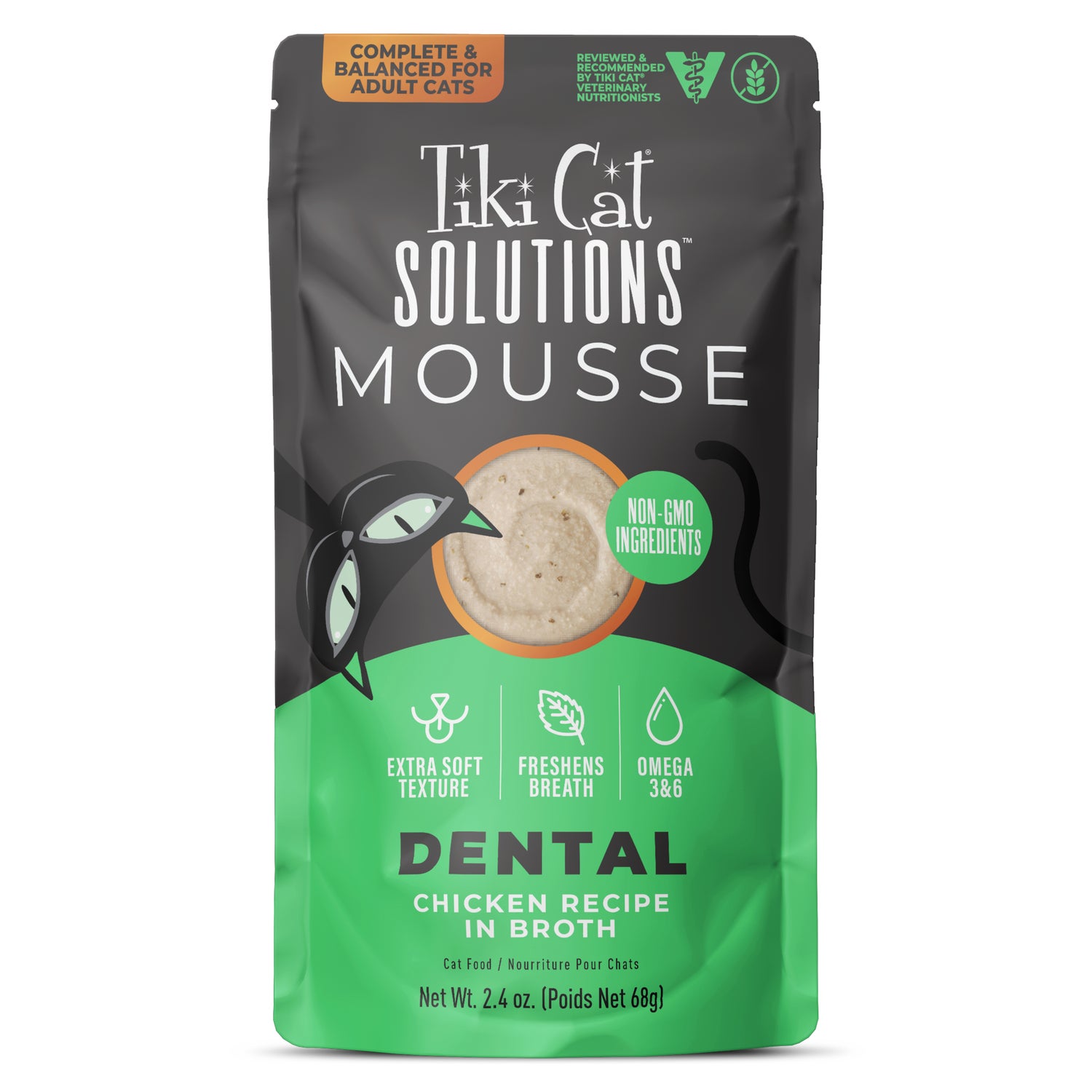 Tiki Cat Solutions Mousse Wet Cat Food Topper, Dental, Chicken Recipe In Broth, 2.4-Oz Pouch Pack Of 12