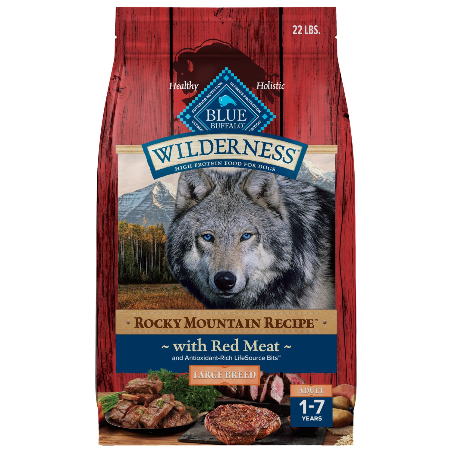 Blue Buffalo Wilderness Red Meat & Grains Rocky Mountain Recipe High-Protein Large Breed Adult Dry Dog Food, 22Lb