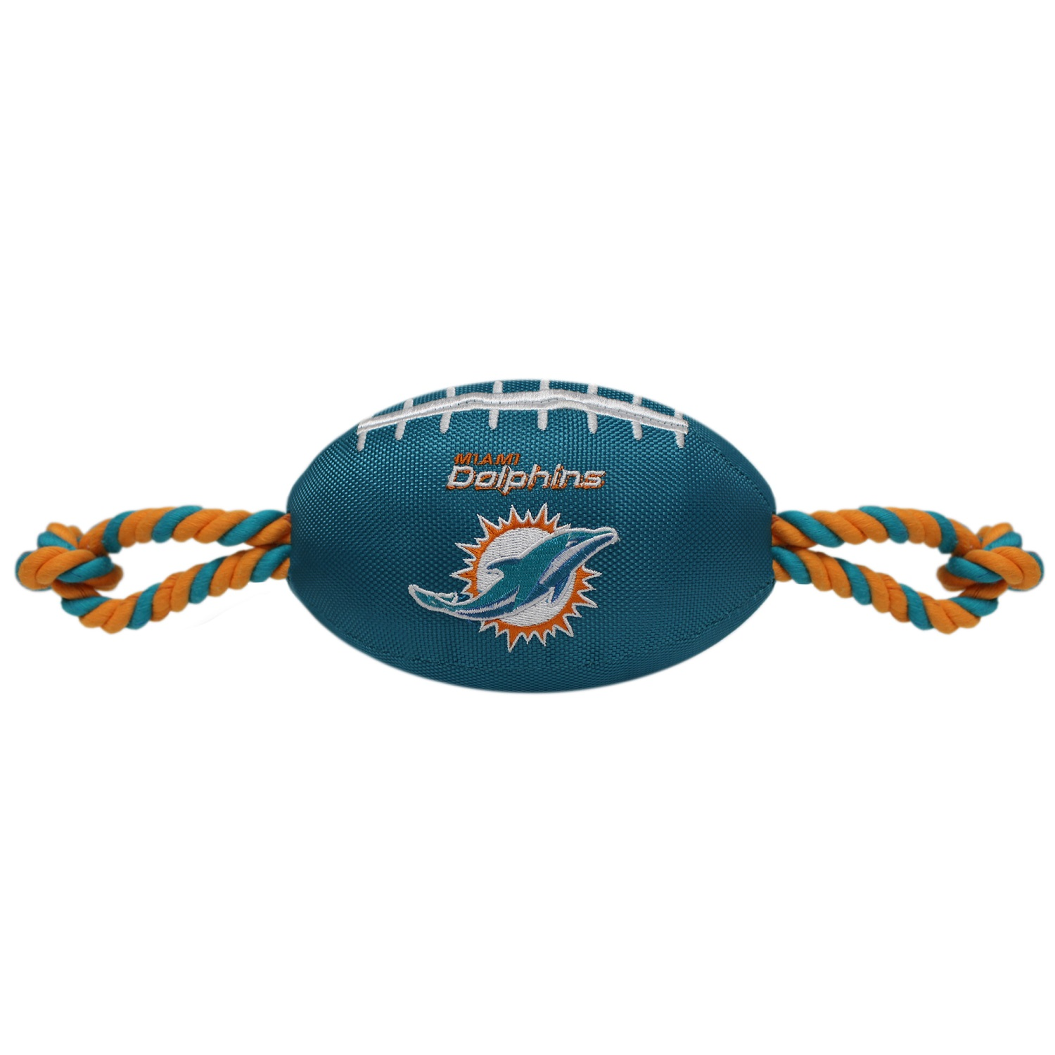 Pets First Miami Dolpins Nylon Football Plush, Rope & Tug Dog Toy