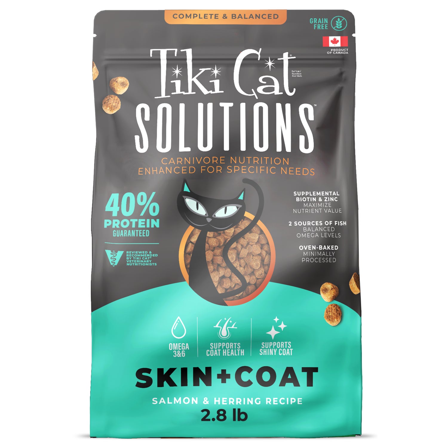 Tiki Cat Solutions Dry Cat Food, Skin & Coat, Salmon & Herring Recipe, 2.8-Lb Bag