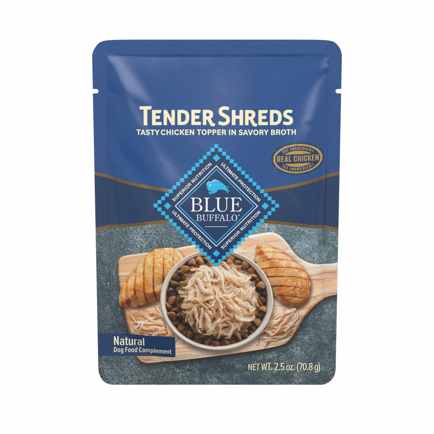 Blue Buffalo Tender Shreds Tasty Chicken Toppers In Savory Broth, Natural Wet Dog Food Complement, Chicken, 2.5-Oz