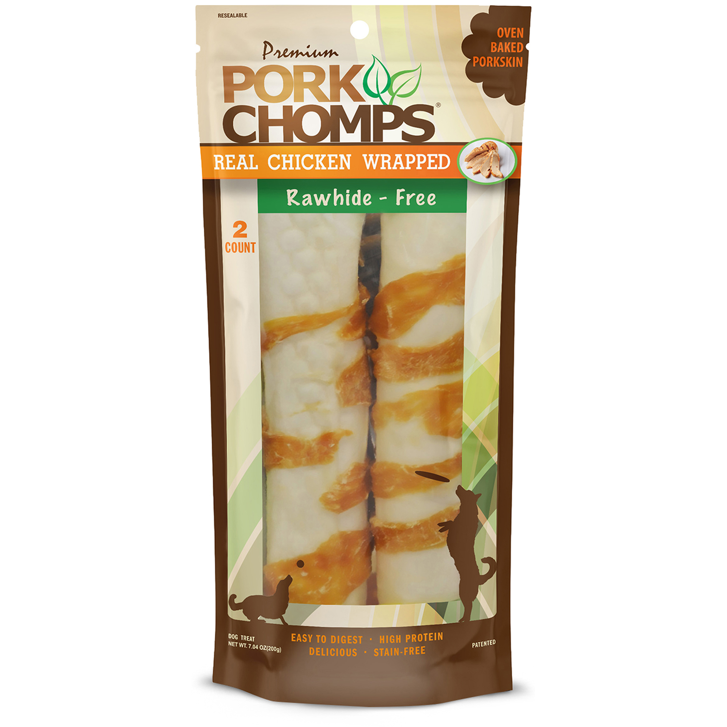Pork Chomps Baked Chicken Wrapped Rawhide Alternative Rolls Dog Treats, 8-Inch, 2-Count