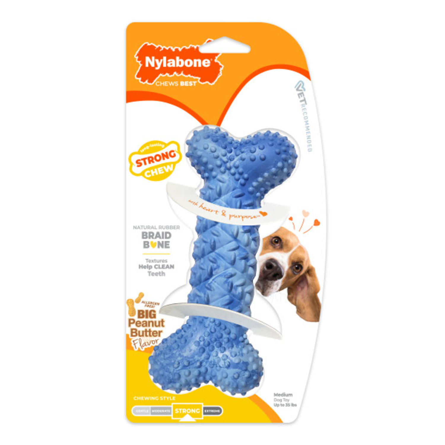 Nylabone Strong Chew Rubber Braid Bone Dog Chew Toy, Peanut Butter Flavor, Medium