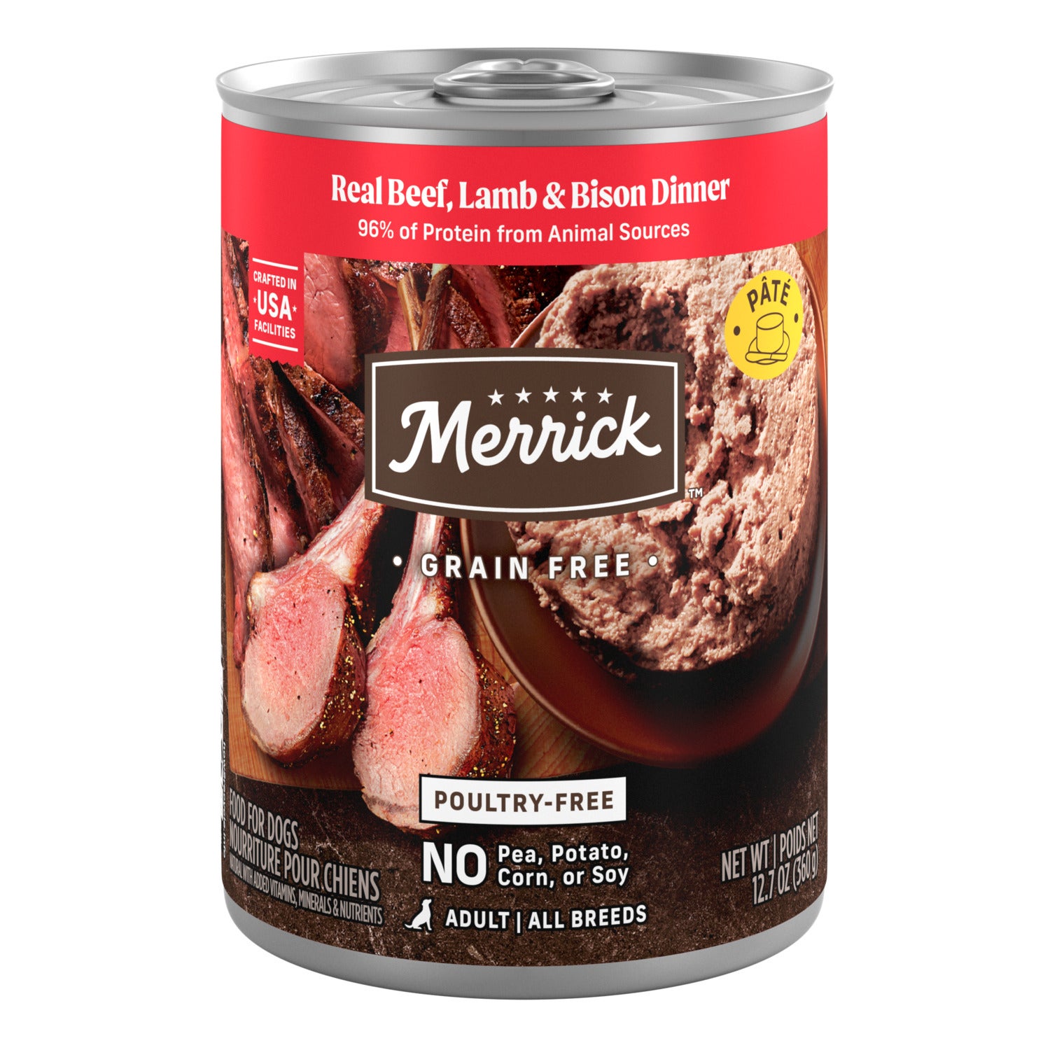 Merrick Grain-Free Premium And Natural Wet Dog Food, Real Beef, Lamb, & Bison Recipe, 12.7-Oz Can