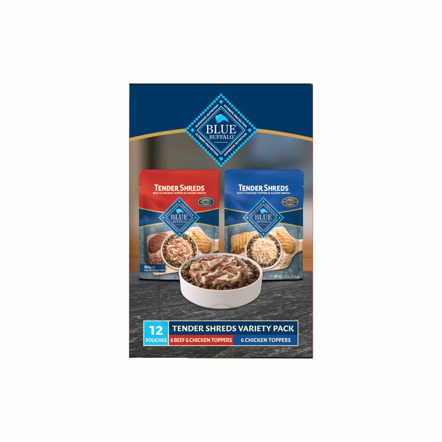 Blue Buffalo Tender Shreds Tasty Wet Dog Food Topper Variety Pack - Chicken + Beef & Chicken Flavors, 2.5-Oz Pouch, 12-Count Variety Pack
