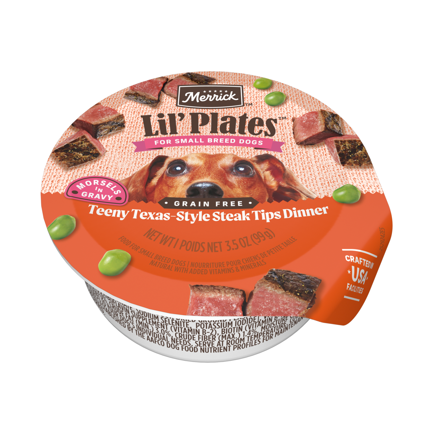 Merrick Lil’ Plates Premium Grain-Free Natural Wet Dog Food For Small Dogs, Soft Teeny Texas Steak Tips Recipe, 3.5-Oz Tub Pack Of 12