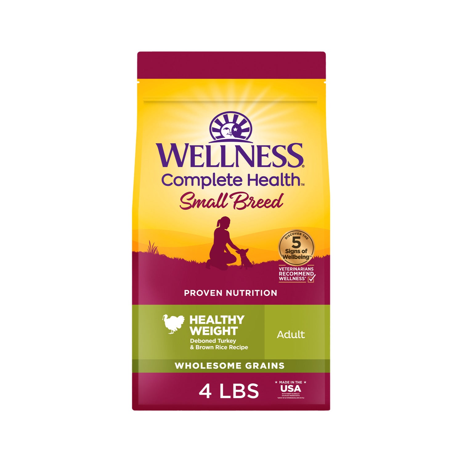 Wellness Complete Health Dry Dog Food, Small Breed, Wholesome Grains, Natural, Healthy Weight Turkey & Brown Rice Recipe, 4-Pound Bag