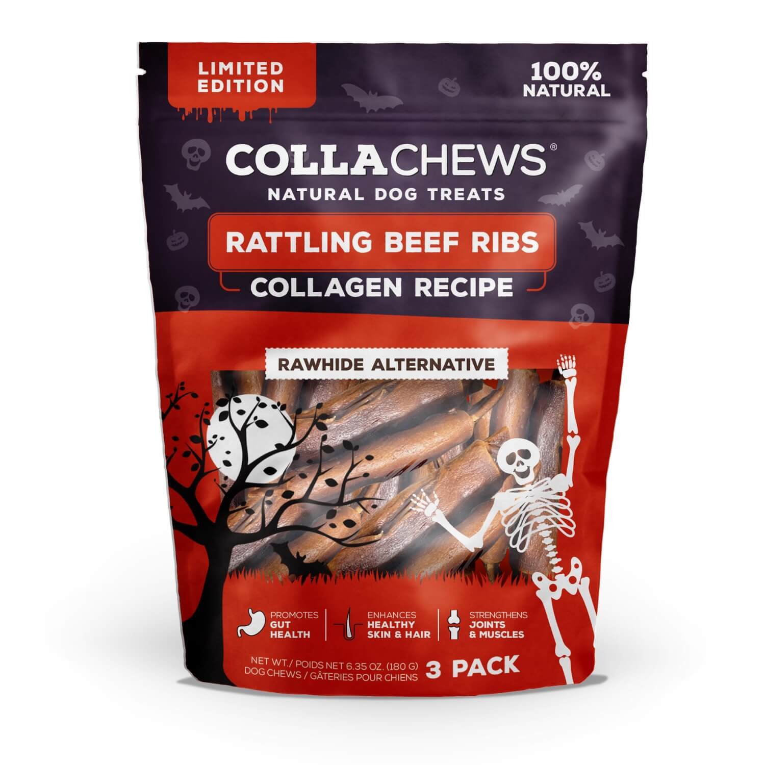 Collachews Rattling Beef Ribs Rawhide Alternative Halloween Dog Treats, 6.3-Oz Bag