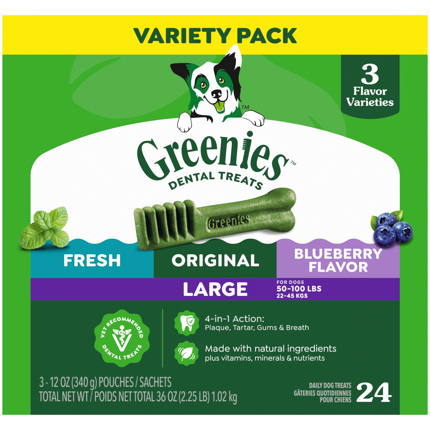Greenies Large Fresh, Original, & Blueberry Flavor Variety Pack Dental Dog Treats, 24 Count
